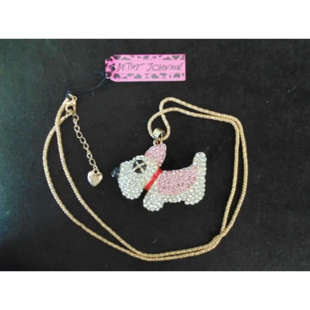 New Y2K Betsey Johnson Scottie Dog Pave Pink Crystal Pendant Charm Necklace